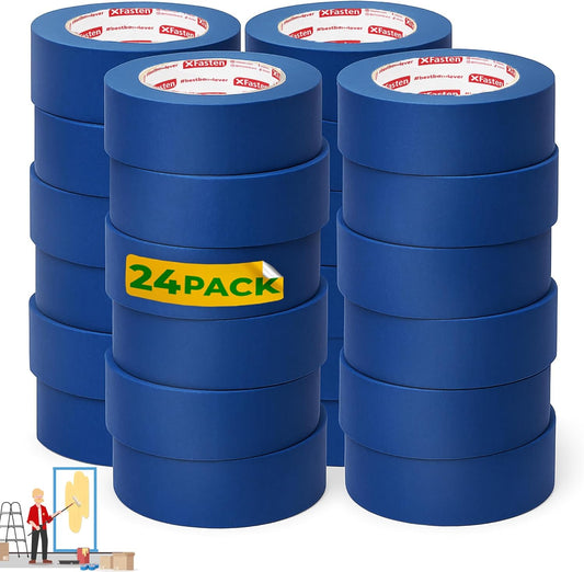 XFasten Blue Painter's Tape, 2 Inch x 60 Yards (24-Pack) Blue Painters Masking Tape Bulk - Sharp Edge Line Technology, Produces Sharp Lines | Residue-Free and Artisan Grade Wall Trim Tape