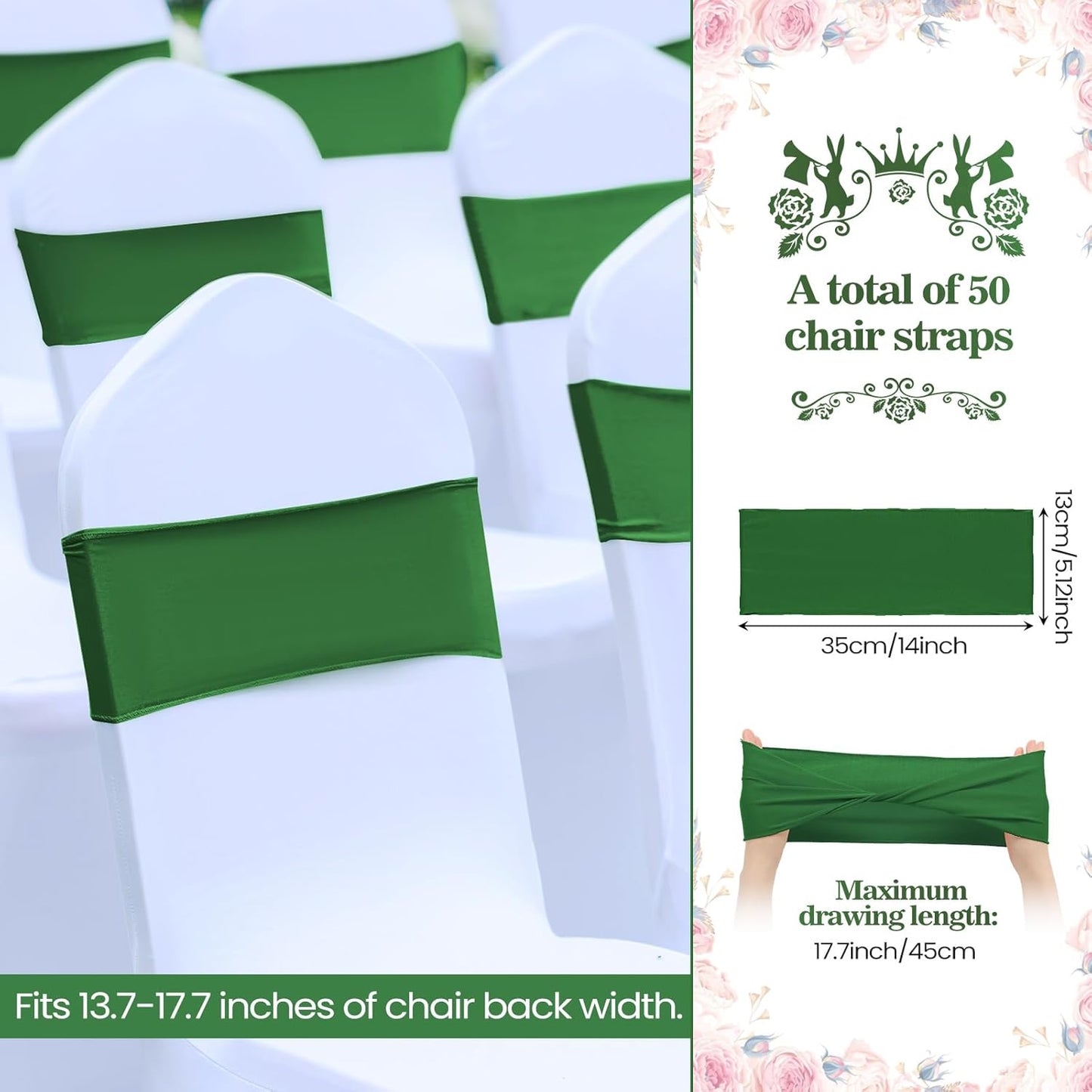 Kinlop 50 Pcs Spandex Chair Sashes Bows Chair Bands Slider Sashes for Covers Elastic Bands Ties Without Buckle Decorations for Wedding Party Events Ceremony Birthday(Green)