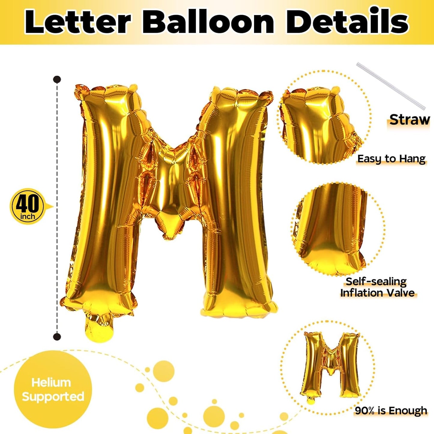 Large Custom Balloon Letters M, 40 Inch Helium Alphabet Word Balloons Decor, Big Self Inflating Foil A-Z Gold Letter Name Balloons for Boys Women Birthday Anniversary Party Decorations Supplies