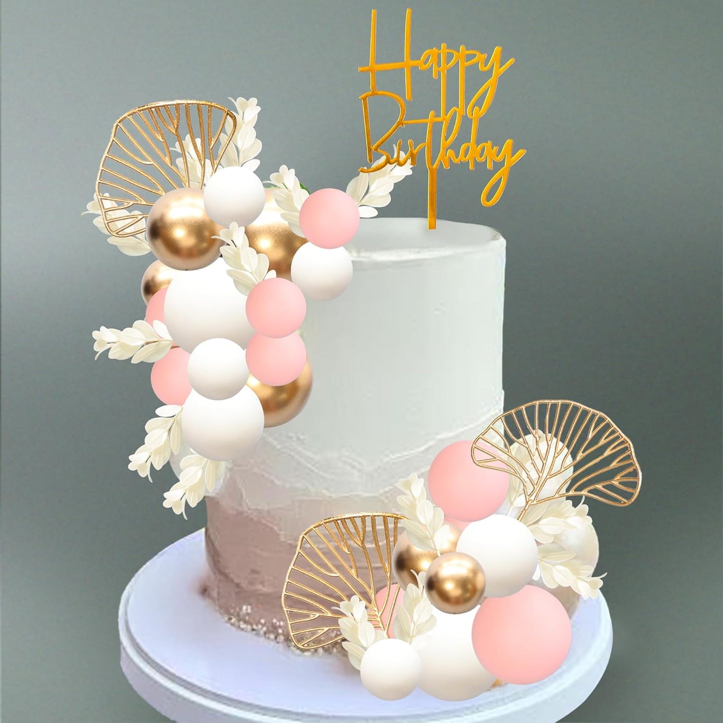 Gyufise 57Pcs Balls Cake Topper Boho Grass Cake topper Pearl Balls Acrylic Happy Birthday Cake Decorations for Wedding Baby Shower Birthday Boho Themed Party Supplies Pink