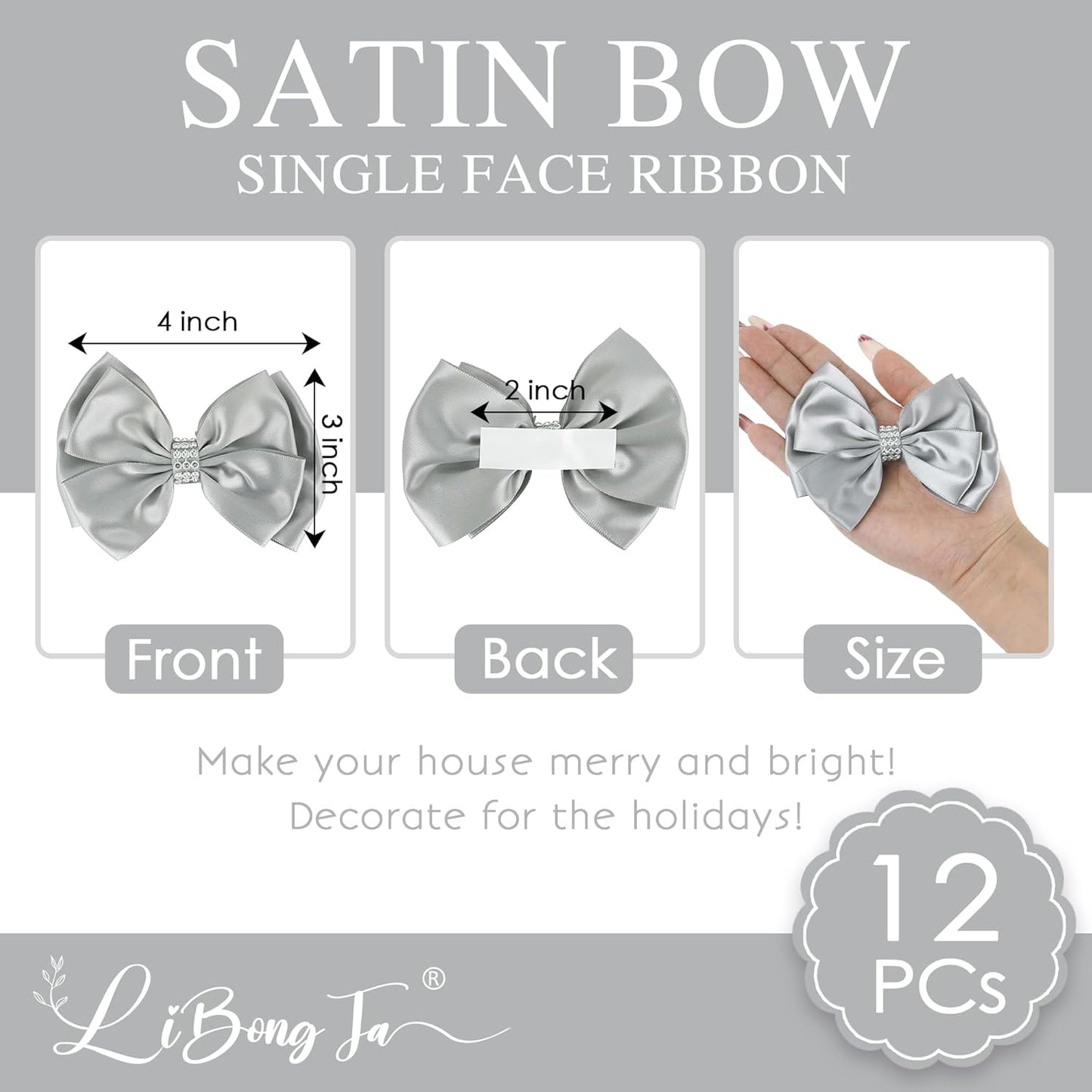Silver Satin Bows 4'' Premade Ribbon Bow, Silver Gift Bows with Rhinestone, Wrapping Bows for Presents, Greeting Cards, Treat Bags, Wine Bottles, Valentines Bows for Gift Wrapping-12 Counts