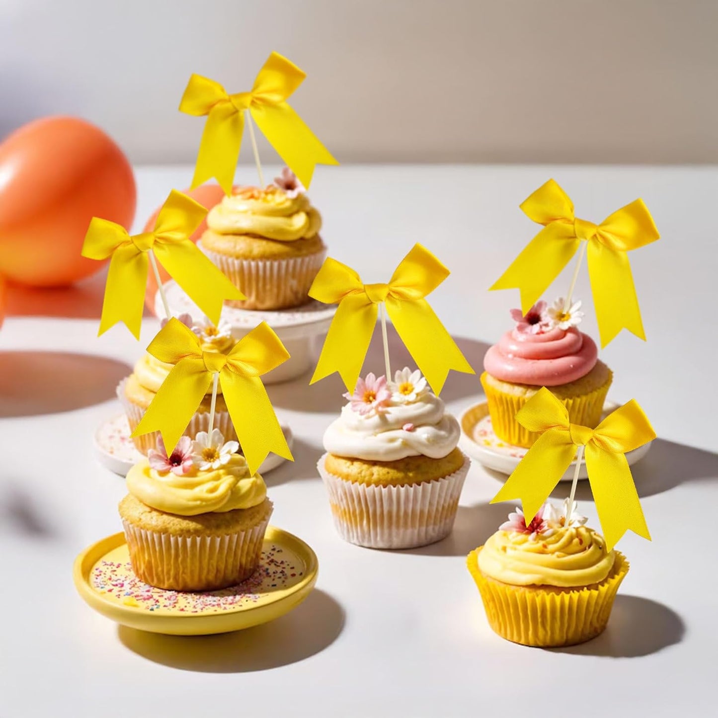 Gyufise 24Pcs Bow Cupcake Toppers Coquette Bow Girls Birthday Cake Decorations Bowknot Cake Toppers Bowknot Cupcake Picks for Baby Shower Birthday Wedding Bridal Engagement Party Supplies Yellow