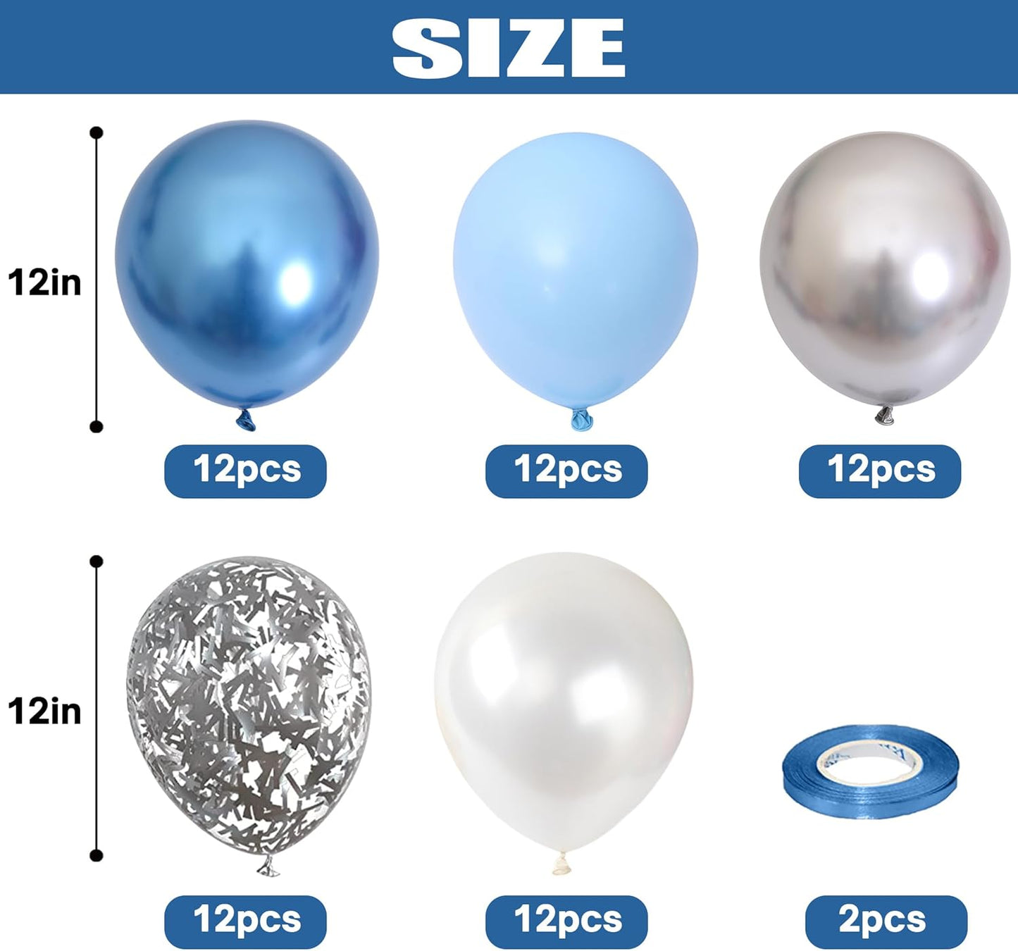 Togvu Metallic Blue Silver Balloons, 60 Pcs 12 Inches Chrome Blue White Balloon with Silver Balloons Glitter Confetti Balloons for Boys Baby Shower, Birthday, Baptism,Wedding Decorations