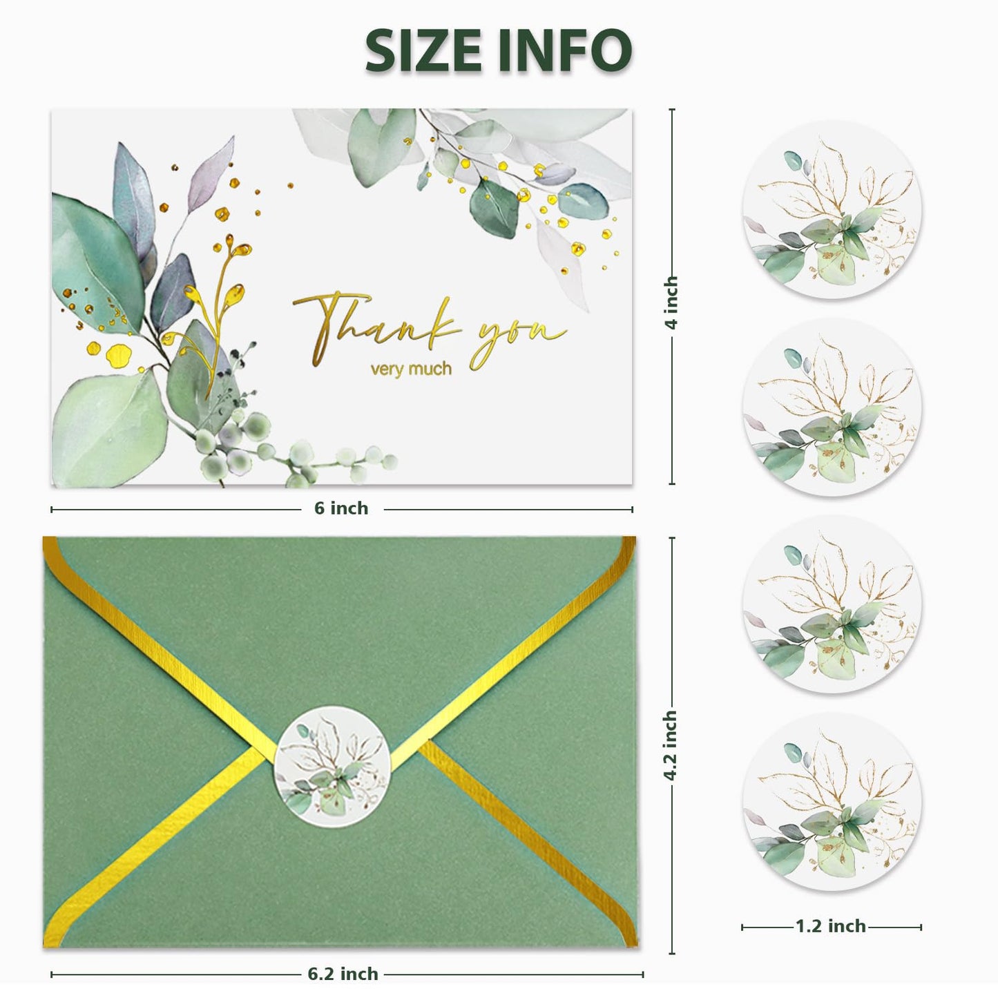 BGTCARDS Greenery Thank You Cards with Envelopes, Gold Foil, 32 Pack, 4×6”