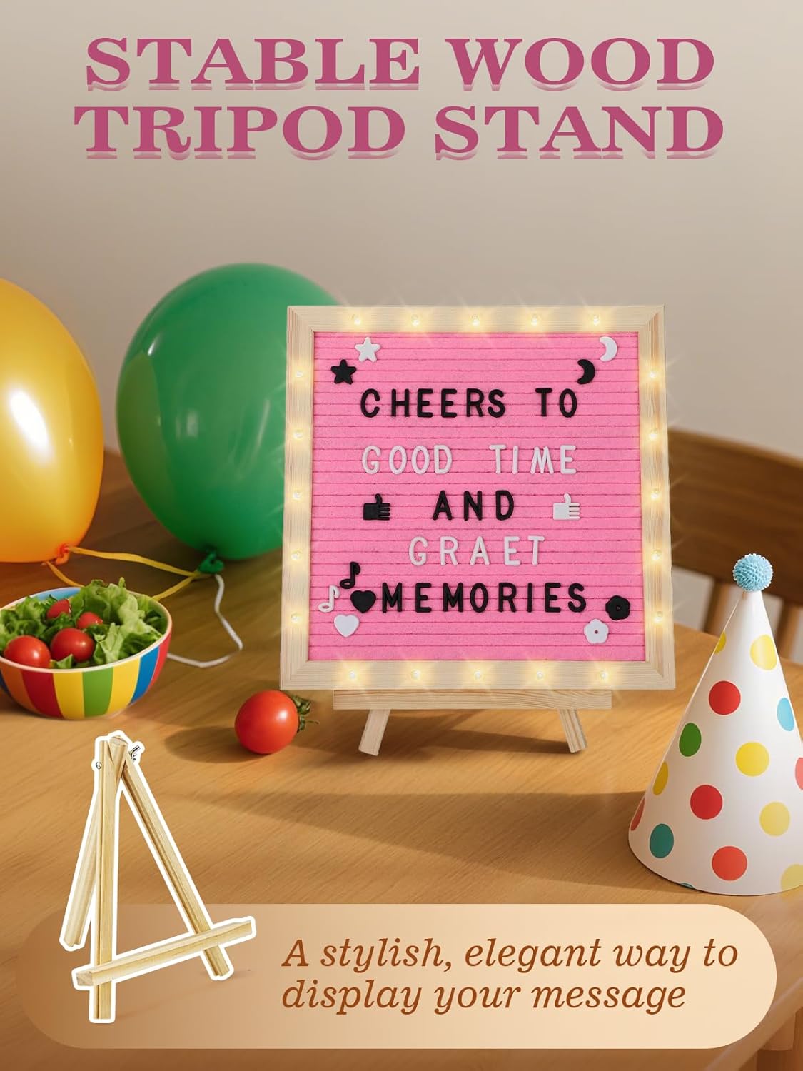 Light up Changeable Felt Letter Board Sign with LED Lights - 10×10" Message Board& Wood Stand& 450 Letters, for Halloween/Birthday/Event/Pregnancy/Baby Announcement/Home Wall Decor Girls Gifts, Pink