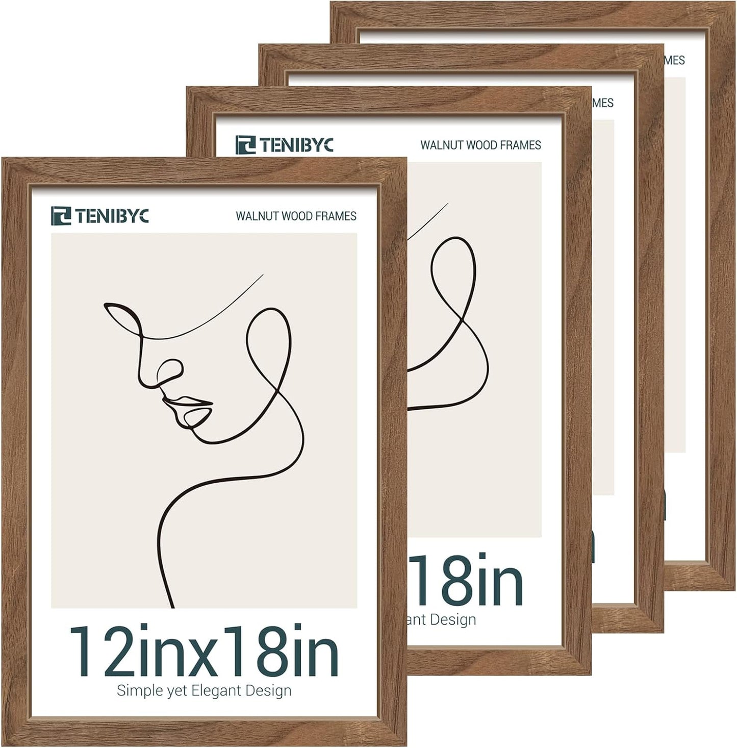 12x18 Frame Set of 4, Brown Grain, Walnut Wood & HD Tempered Glass, 12x18 Poster Picture Frame, Vertical & Horizontal Wall Hanging