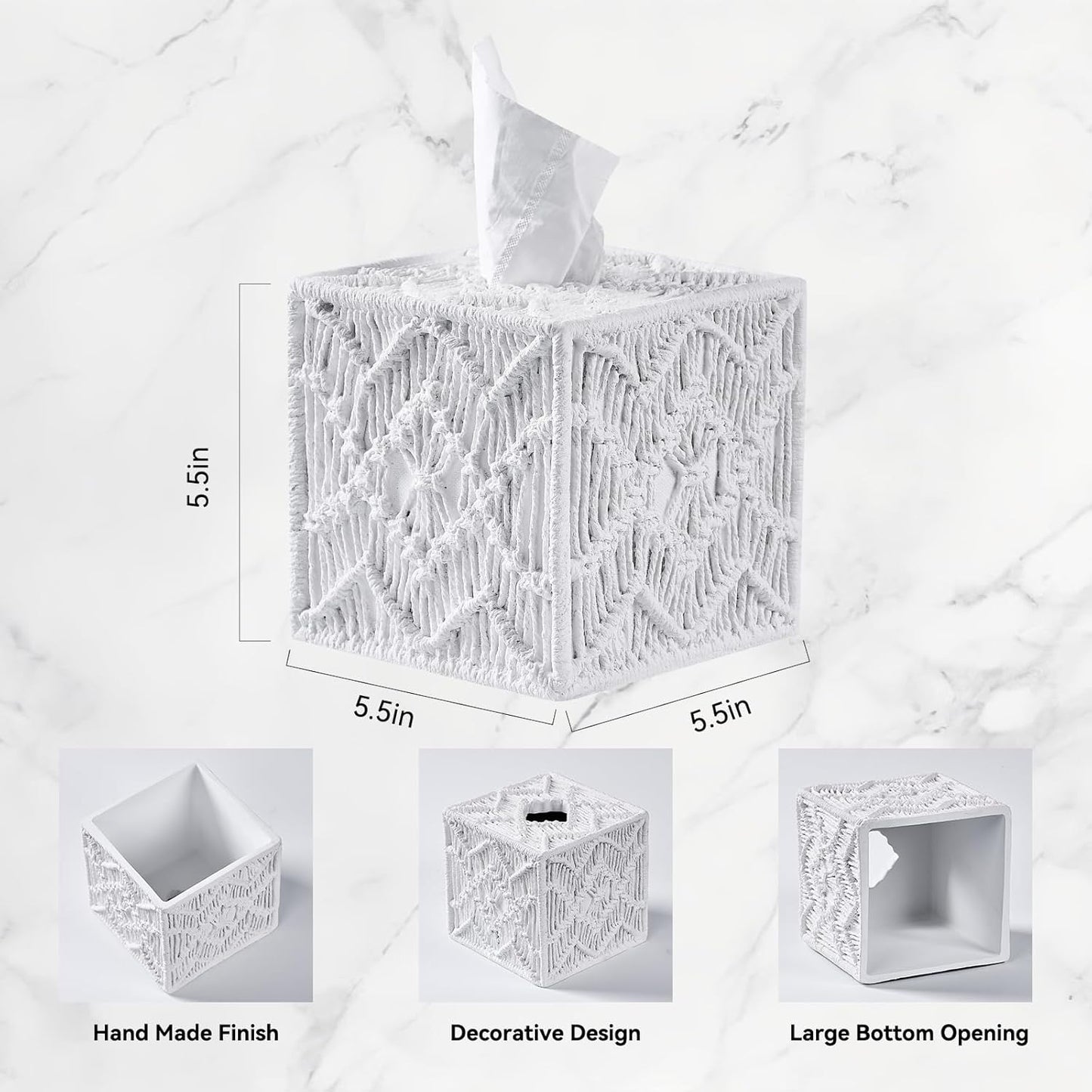 White Woven Macrame Boho Tissue Box Cover Square for Home Decor,Resin Heavy Woven Tissue Box Holder for Bathroom Kitchen Countertop,Bedroom, Vanity, Night Stand, Office Desk Top, Waterproof Durable