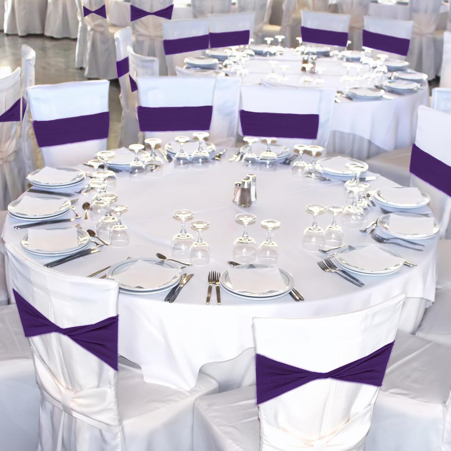 Kinlop 50 Pcs Spandex Chair Sashes Bows Chair Bands Slider Sashes for Covers Elastic Bands Ties Without Buckle Decorations for Wedding Party Events Ceremony Birthday(Purple)