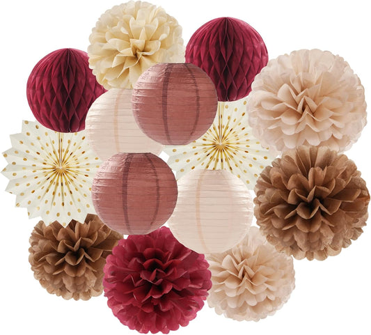 Brown Burgundy Champagne Boho Party-Decorations - 14pcs Rustic Wedding Paper Lanterns Fan,Tissue Pom Poms Streamers,Honeycomb,Fall Autumn Birthday Baby Bridal Shower Engagement Decor Lasting Surprise