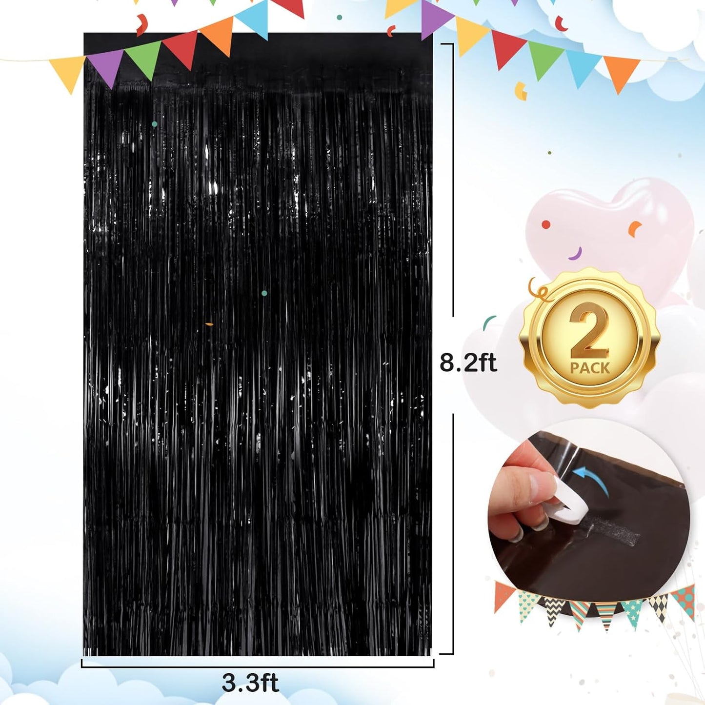 Black Fringe Curtain Party Streamers 2Pack 3.3x8.3 Ft Foil Fringe Backdrop Curtains for Birthday Wedding Bridal Baby Shower Halloween Decor Tinsel Streamers Black Party Decorations Door Streamers