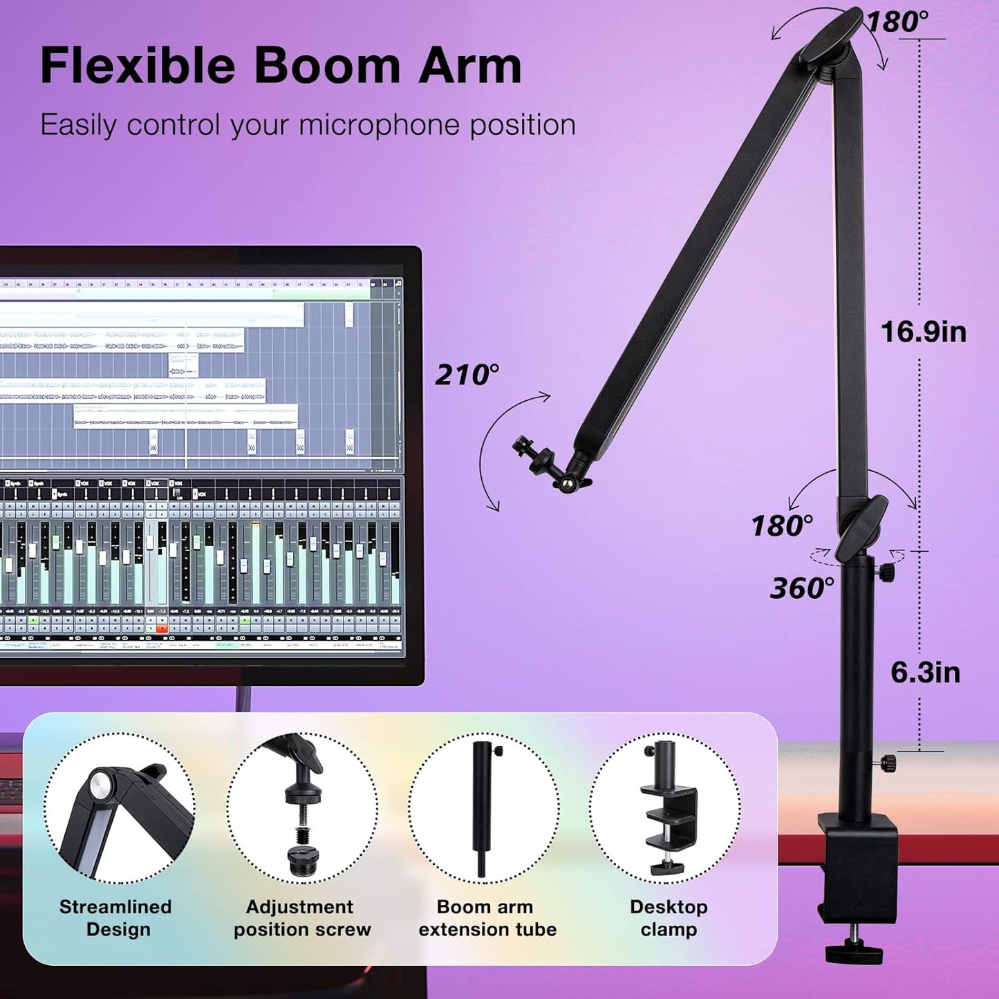 Boom Arm with RGB Light - Mic Arm for HyperX QuadCast, Blue Yeti, Shure SM7B, Rode and Most Gaming Mic, Height adjustable Mic Boom Arm Microphone Arm, Desk Mic Stand for Most USB Microphone By SUNMON