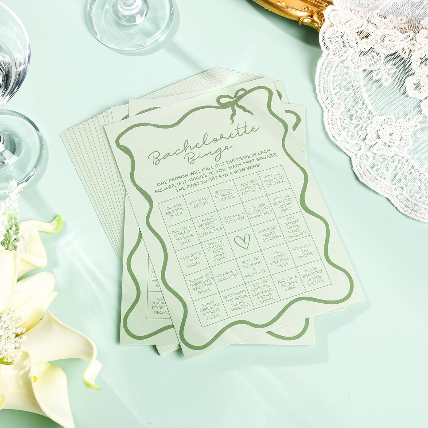DEEKA 30 PCS Bridal Shower Games Card for 30 Guests Sage Green Wavy Border Ribbon Bow Funny Wedding Bachelorette Party Games for Reception (Bachelorette Bingo)
