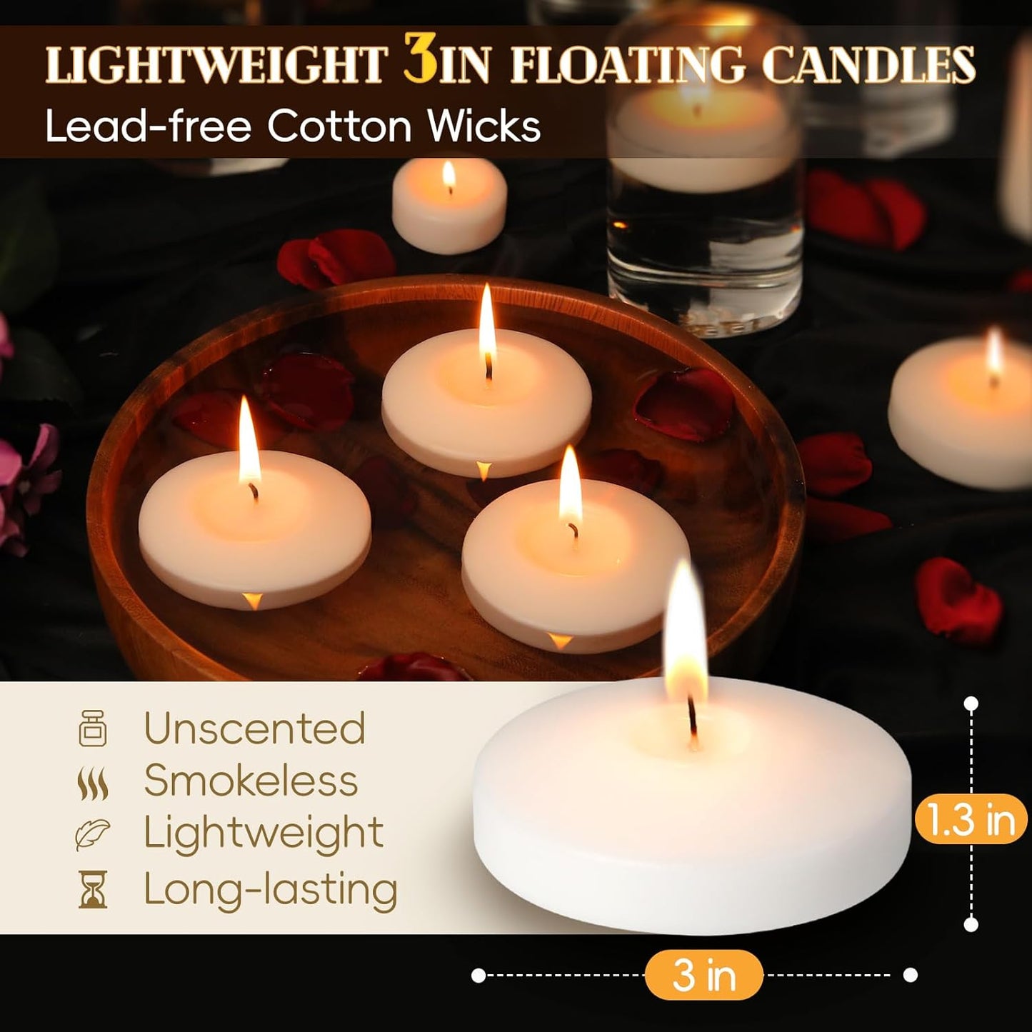 3 inch White Floating Candles, 48 Pack Unscented Floating Candle,8-9 Hours Burning Floating Candles for Centerpieces, Water Candles for Cylinder Vases, Wedding, Party, Pool
