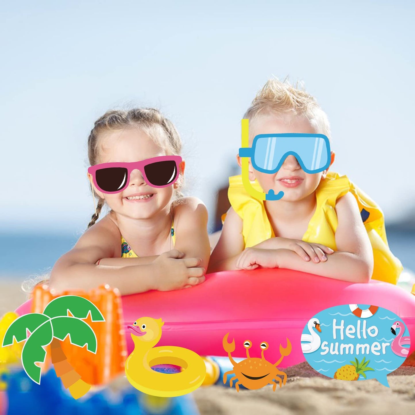 25Pcs Pool Photo Booth Props with Stick, Beach Summer Pool Party Decorations, Hawaiian Party