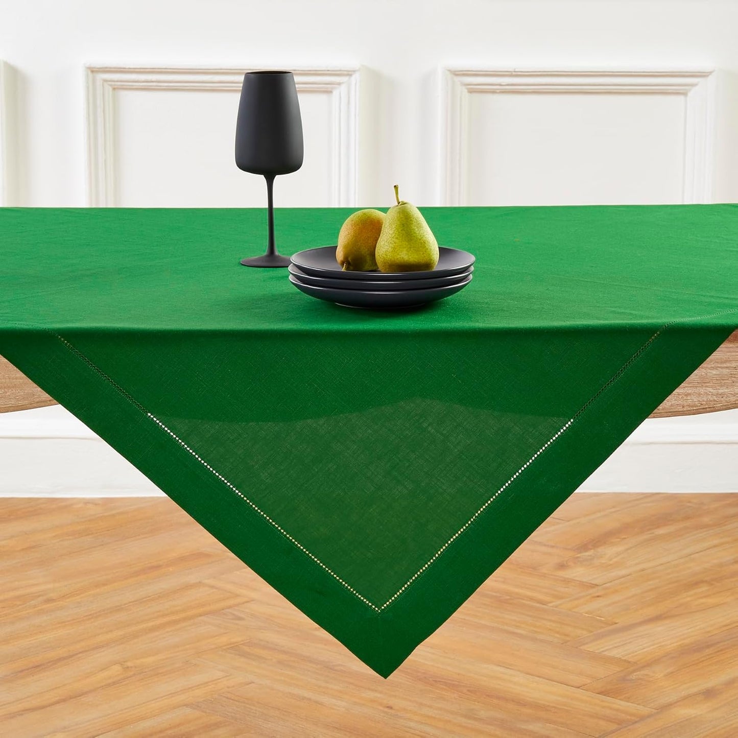 Solino Home Linen Tablecloth 52 x 52 Inch - 100% Pure Linen Garden Green Square Tablecloth - Classic Hemstitch, Machine Washable Table Throw for Christmas