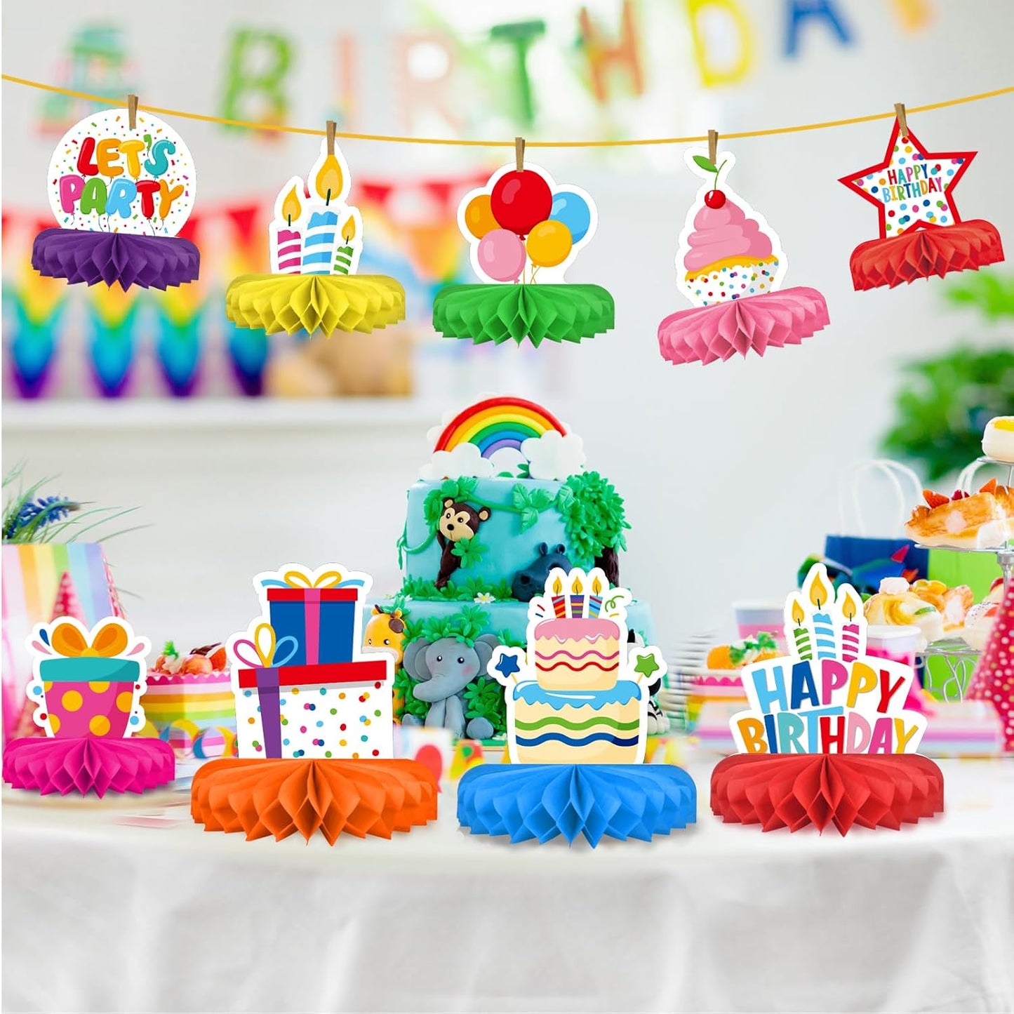 Happy Birthday Decorations Set - Colorful Themed Honeycomb Centerpiece, Table Decoration for Kids' Birthday Party Supplies