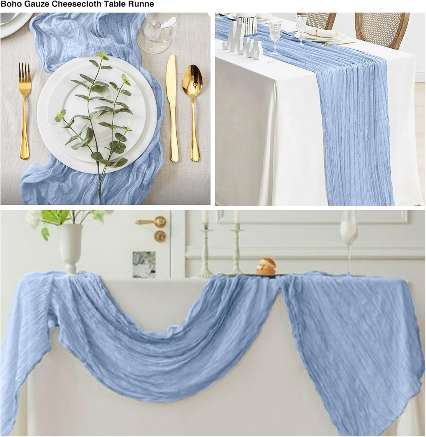 6 Pack Dusty Blue Cheesecloth Table Runner 20x120 Inch Boho Wrinkled Sheer Romantic Gauze Decor for Wedding, Bridal Shower, Birthday Party
