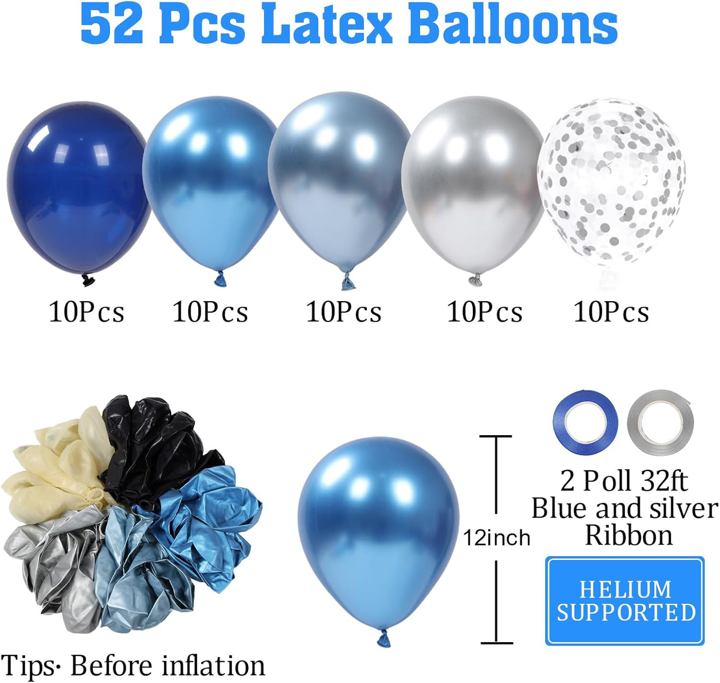 Patimate Blue Silver Balloons Set, 50 pcs 12 inch Metallic Navy Royal Blue Silver Confetti Latex Balloons Kit for Boy Men Birthday Retirement Baby Shower Graduation Party Decorations