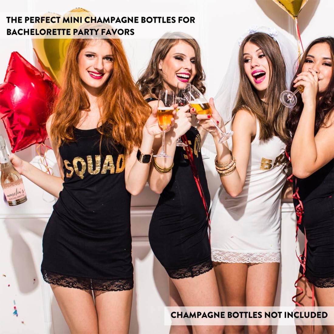 Andaz Press Personalized Bachelorette Mini Wine Labels, Blush Pink Faux Rose Gold Glitter Elegant 20-Pack Custom Mini Champagne Bottle Labels