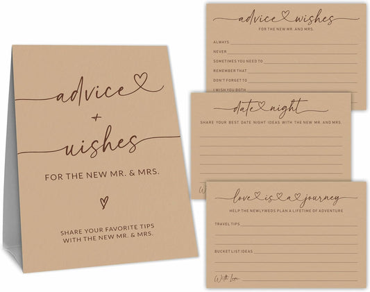 Wedding Advice Cards - Wishes For The New Mr & Mrs Wedding Advice Sign -A Standing Sign With 3 Types Of 4 x 6 Advice Cards -Bride and Groom Newlyweds Bridal Shower Decoration,Games(Brown) - C03