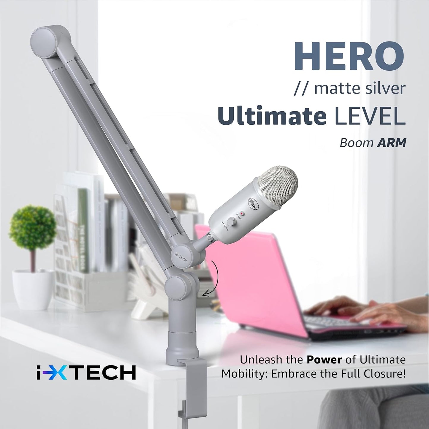 IXTECH Boom Arm - Adjustable 360° Rotatable Microphone Sturdy Stainless Steel Mic Desk, Table Stand Foldable Scissor Stable Mount Arms for Radio Studio, Podcast, Gaming (MATTE SILVER)