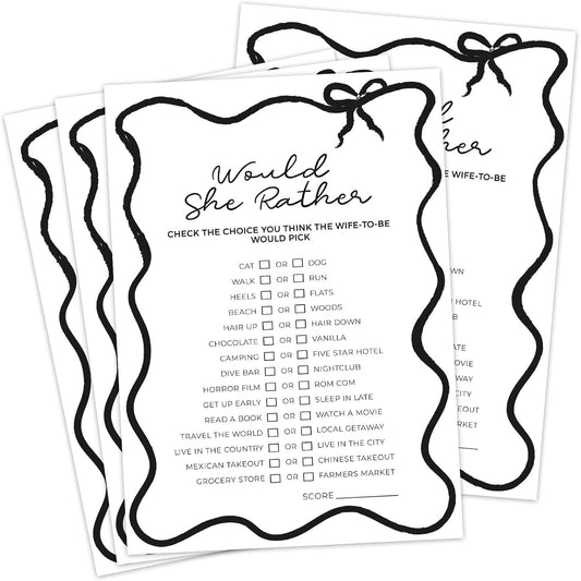 DEEKA 30 PCS Bridal Shower Games Card for 30 Guests Black Wavy Border Ribbon Bow Funny Wedding Bachelorette Party Games for Reception (Would She Rather)