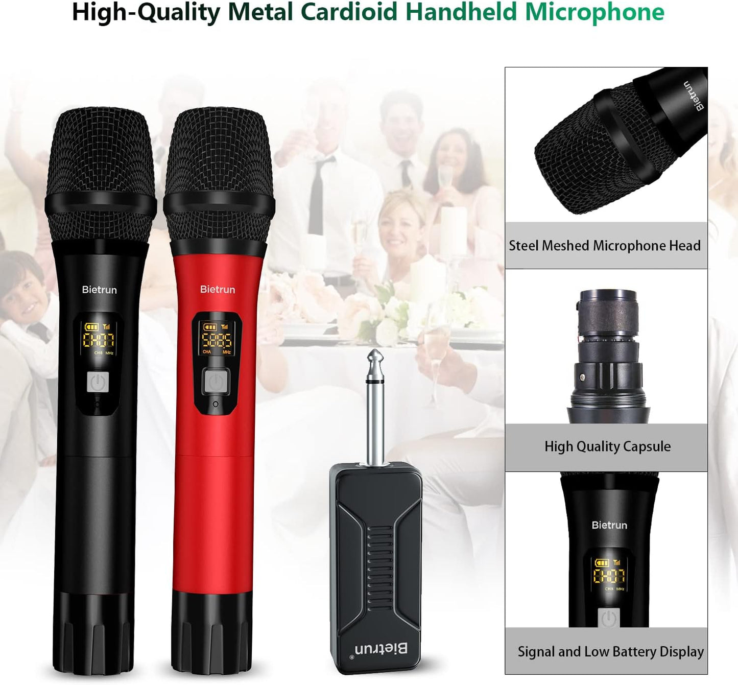 Bietrun Wireless Microphone Dynamic Mic System with Rechargeable Receiver, 1/4" Output, for Karaoke, Church, Speech, Wedding, Party Singing(160 ft Range)-Auto Connect