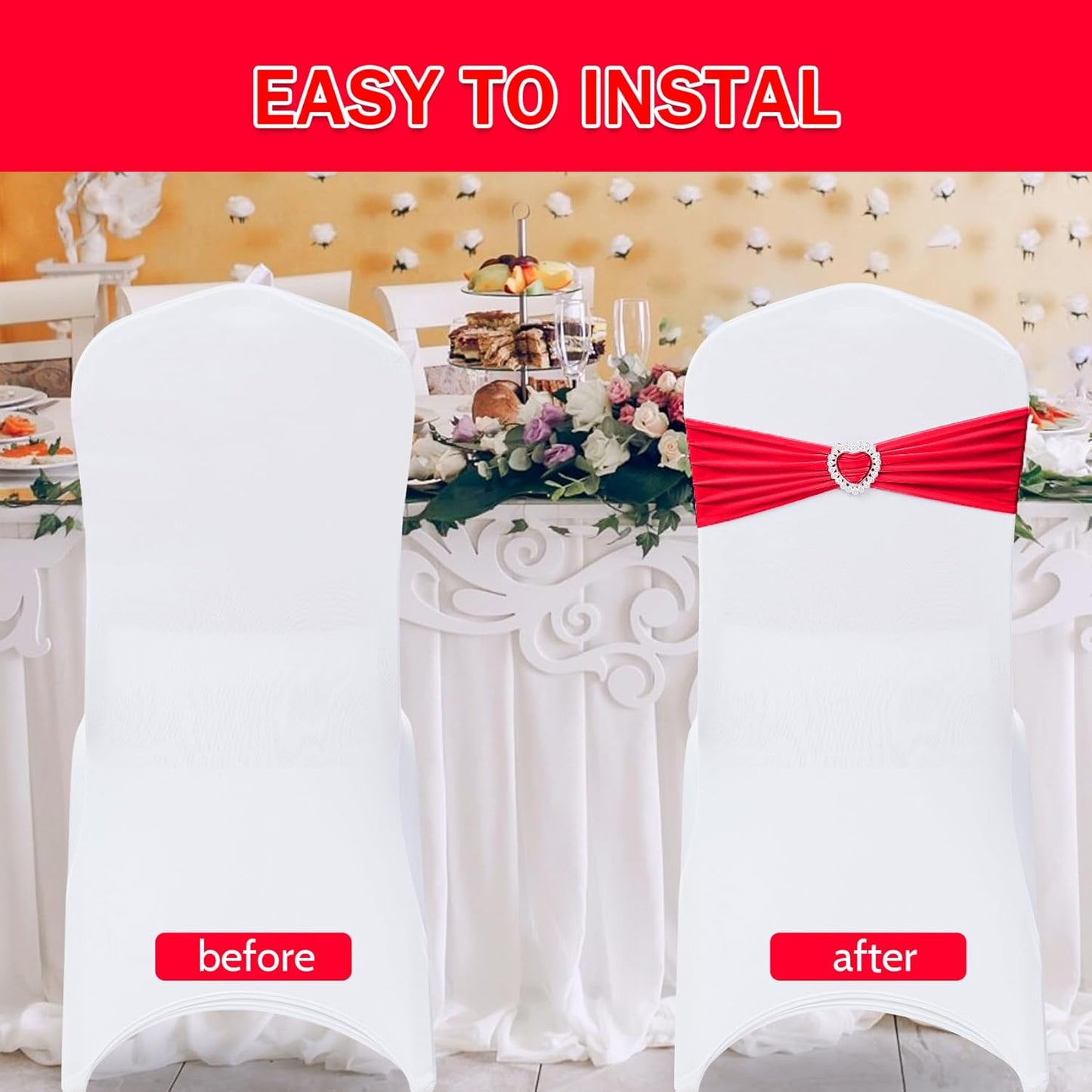 Howhic Pack of 30 Spandex Chair Sashes Bows Stretch Chair Cover Band with Buckle Slider Universal Elastic Chair Ties for Wedding Banquet Party Event Decoration (Ruby)