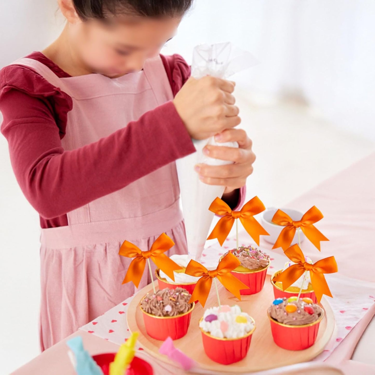 Gyufise 24Pcs Bow Cupcake Toppers Coquette Bow Girls Birthday Cake Decorations Bowknot Cake Toppers Bowknot Cupcake Picks for Baby Shower Birthday Wedding Bridal Engagement Party Supplies Orange