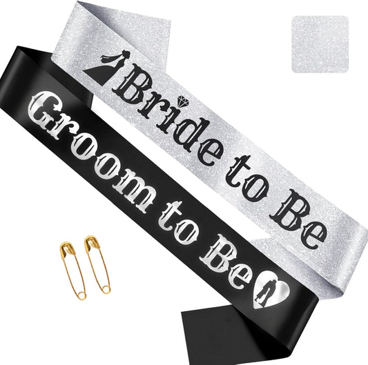 Black Groom to Be Sash Silver Foil& Silver Bride to Be with Black Foil, Funny Sashes for Bachelorette Party Bridal Shower Wedding Engagement Decorations Supplies Favors, Future Mrs and Lucky Mr Sash