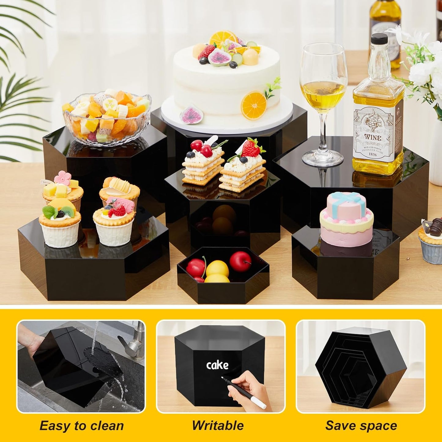 Leinuosen 7 Pcs Large Buffet Risers Set 6" to 12" Acrylic Display Box Catering Dessert Table Riser Food Display Decorative Stand with Hollow Bottom for Catering Supplies (Black, Hexagonal)