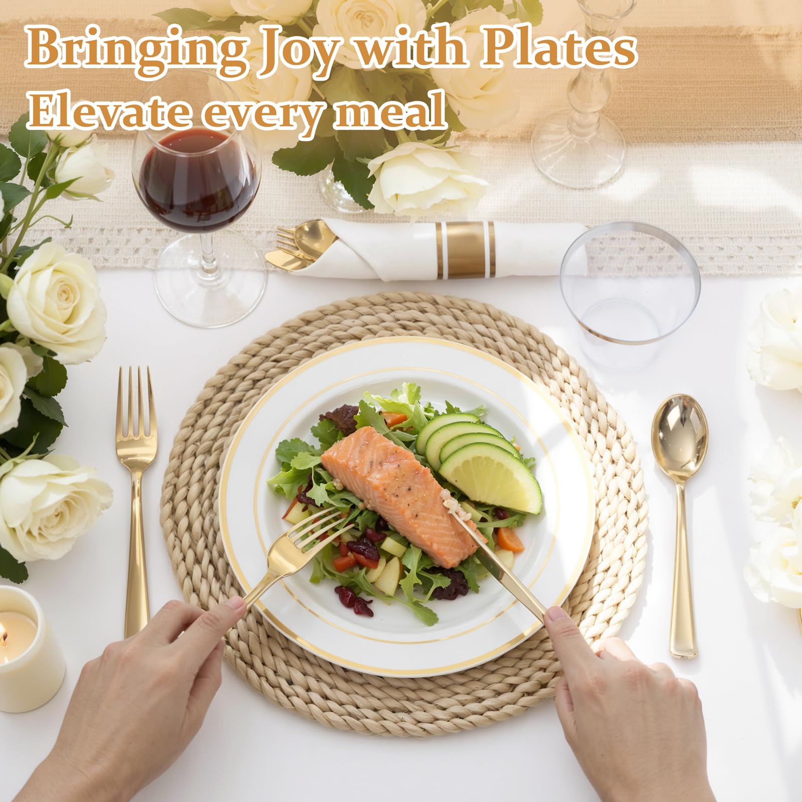 WDF Partyware 350Piece Gold Dinnerware Set for 50 Guests - Gold Plastic Plates with Disposable