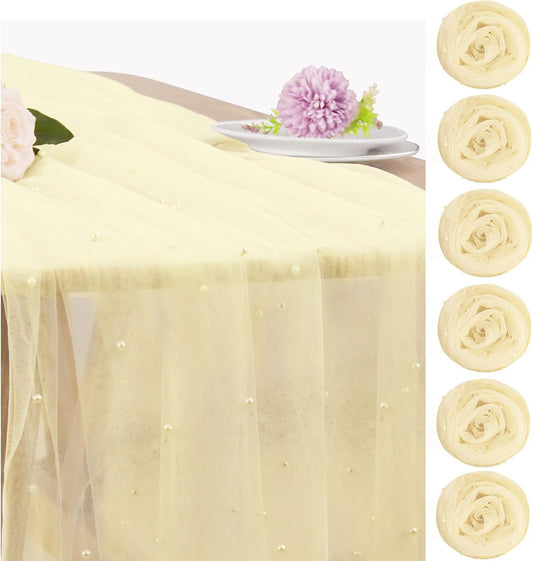 Set of 6 Pearl Table Runner 29 x 120 Inch Tulle Fabric Lace Table Runners Boho Rustic Tablecloth for Bridal Shower Birthday Party Wedding Arch Aisle Veil Dessert Table Decor(Ivory)
