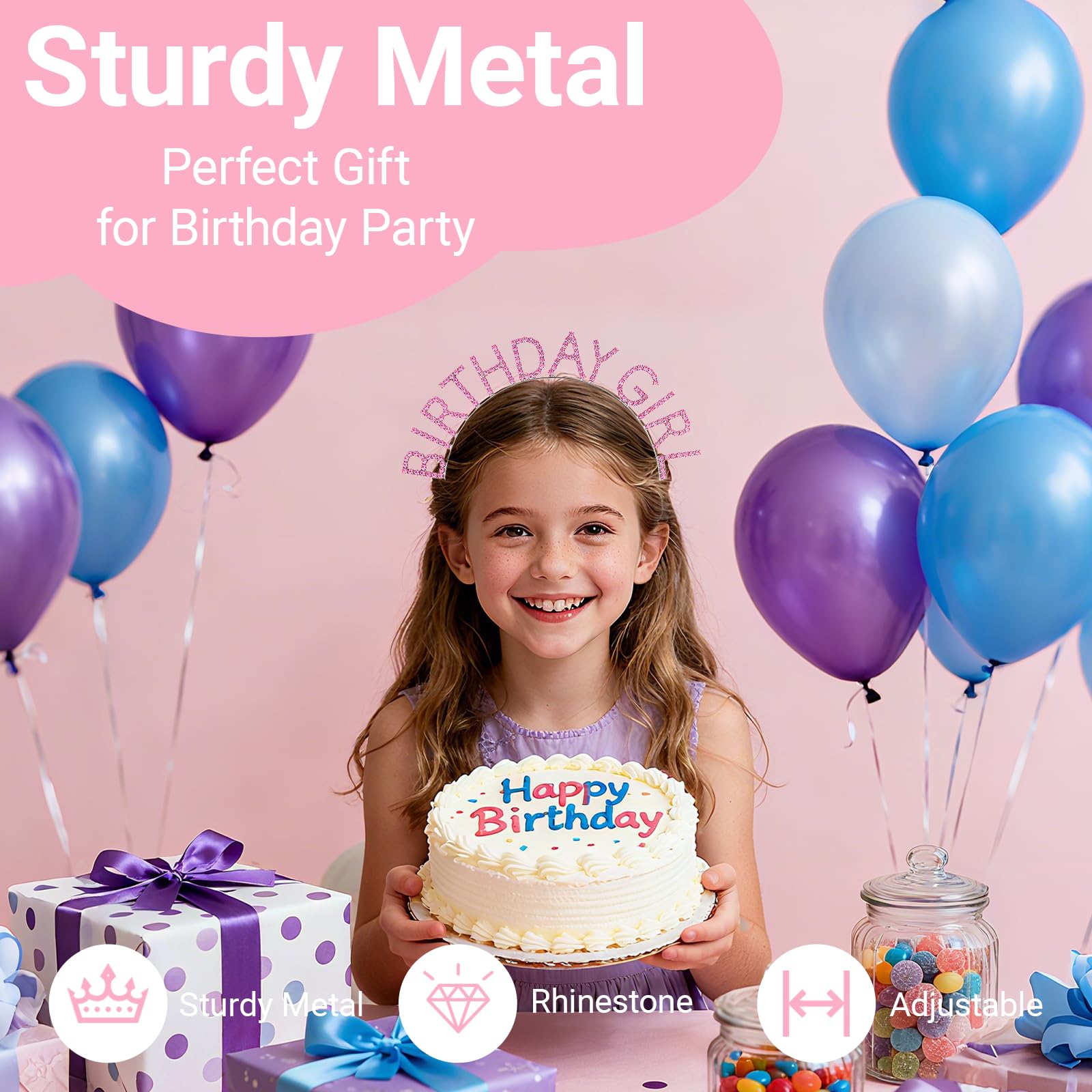 Papoopy Birthday Headband with Sash for Women, Birthday Crown Tiara for Decorations Pink