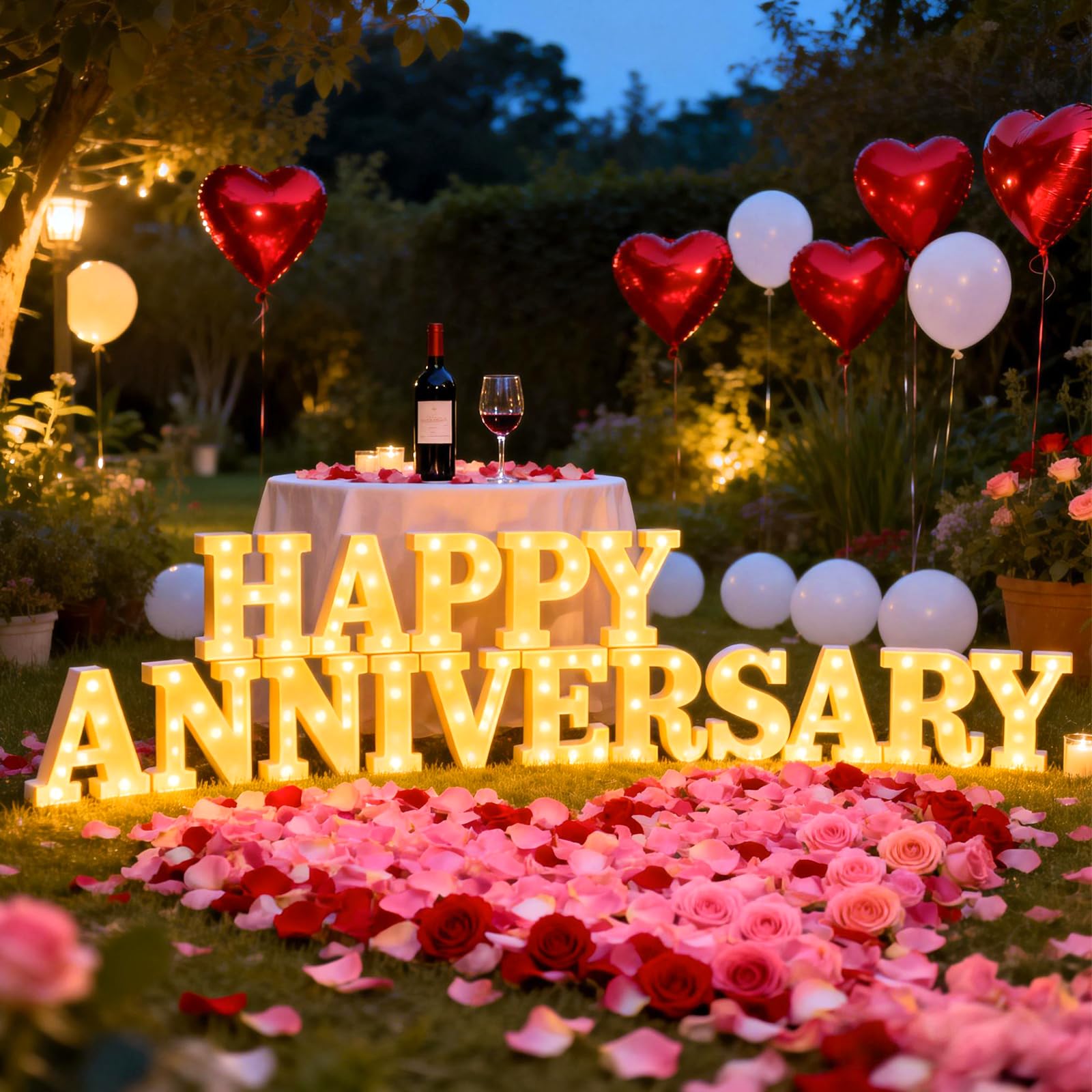 Peledic Happy Anniversary Decorations, Light up Letters Sign, with Rose Petals, Round Pearlescent