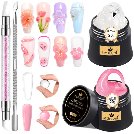 Solid Builder Gel for Nails LEDSUUEI - 2 Color Clear Pink 3D Nail Gel Sculpting Non-Sticky Hand Carving Glue Extension for Manicure Salon Home Decoration DIY 20g