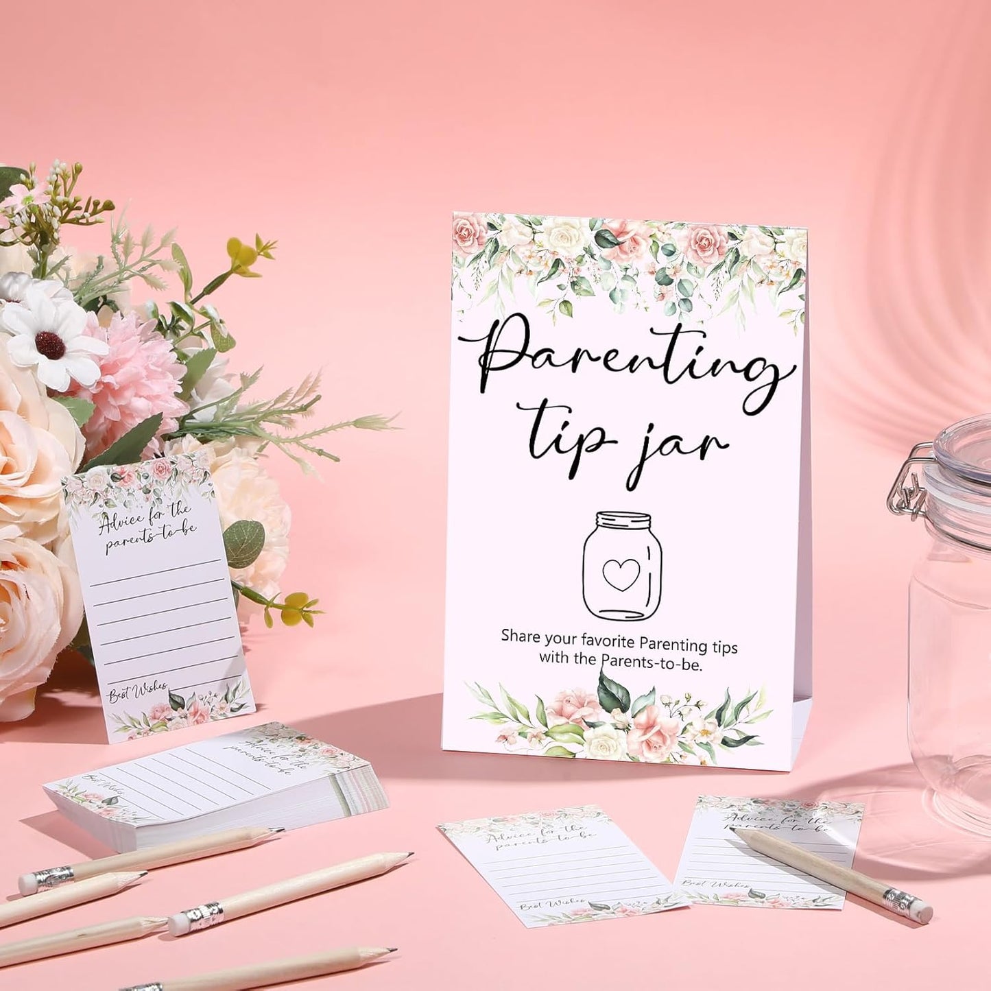 Roowest Baby Shower to Baby Advice Cards for New Parents to Be - Tip Jar Sign for New Parents 60 Parenting Advice Cards 10 HB Pencils 2 Cute Stickers 1 Pet Bottle for Guests Games(Flower)