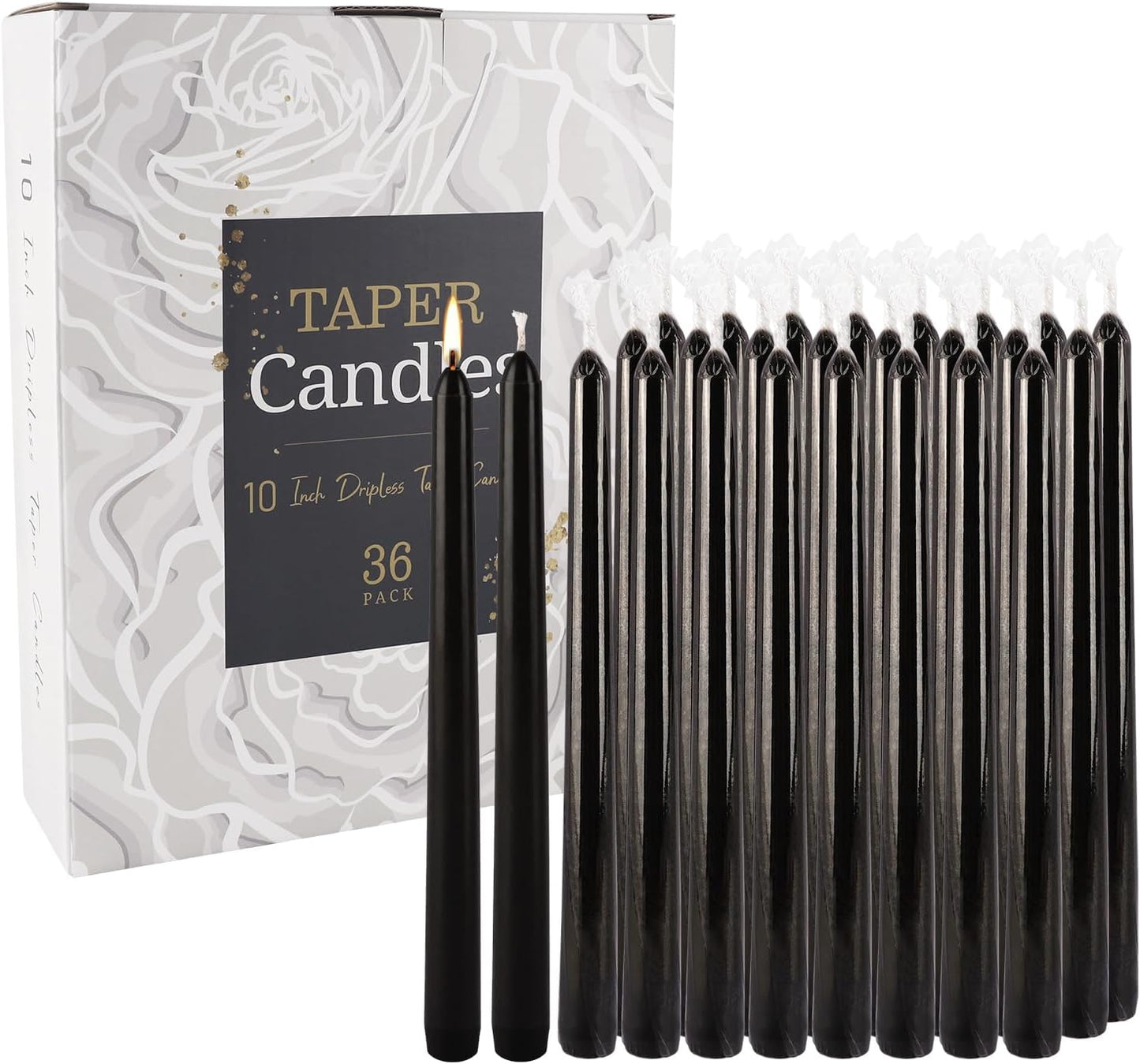 36-Pack 10-Inch Black Taper Candles - Drip-Free Unscented, Long Burning for Dinner Parties, Halloween, Home Decor, Spells & Rituals, Meditation, Prayer (25.4 cm)