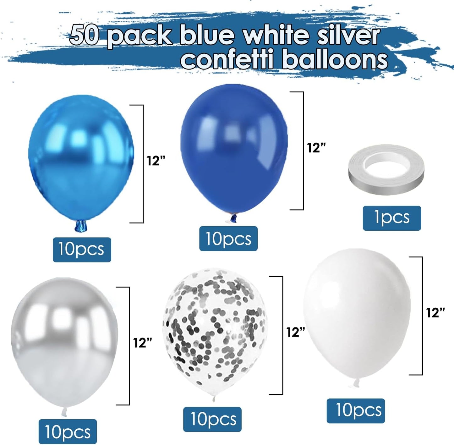 Blue White Silver Confetti Balloons, 50pcs 12 Inch Metallic Blue and Silver Balloons Clear White Confetti Latex Balloons for Birthday Wedding Anniversary Gender Revea Baby Shower Party Decorations