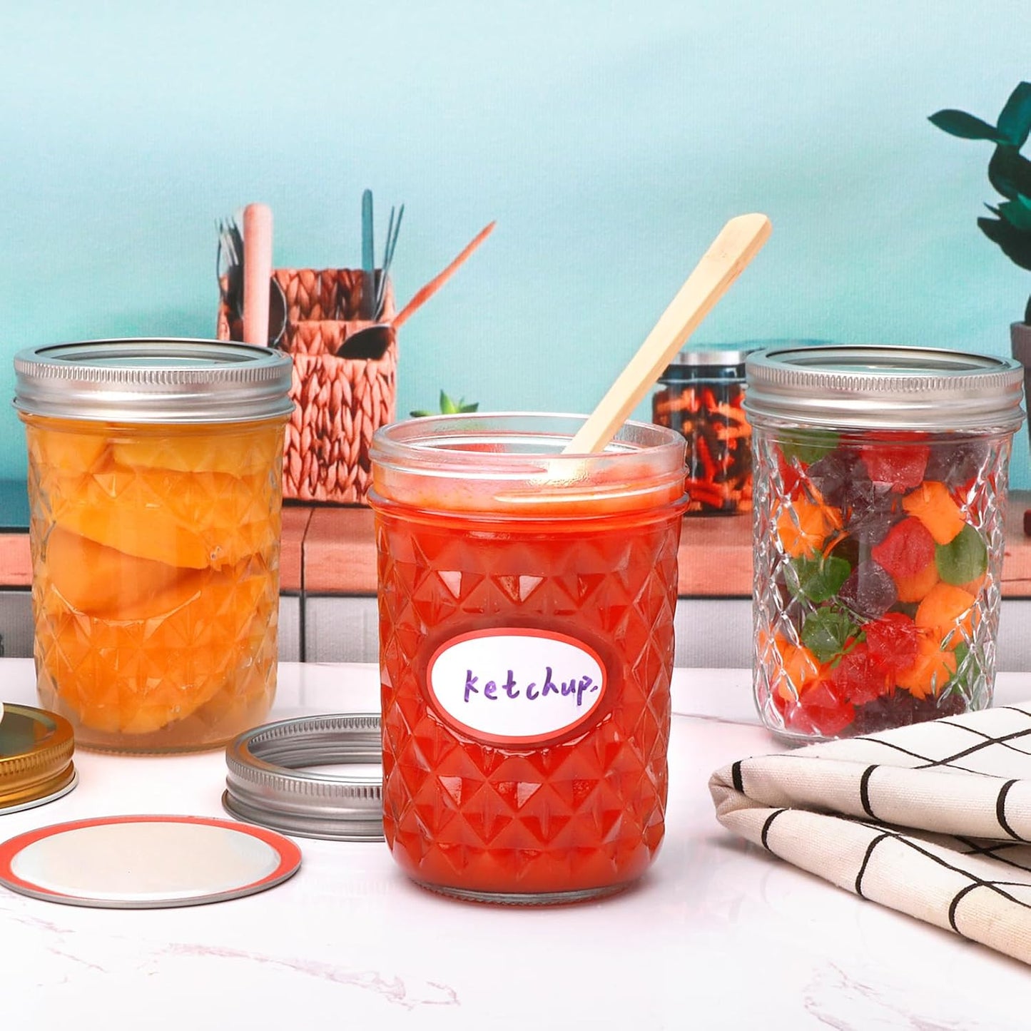 Mason Jars 16oz,Canning Jars with Metal Airtight Lids and Bands,Wide Mouth Mason Jars Ideal for Spice, Jam, Honey, Jelly, Yogurt, overnight oats,Meal Prep, Wedding Favors,6Pack