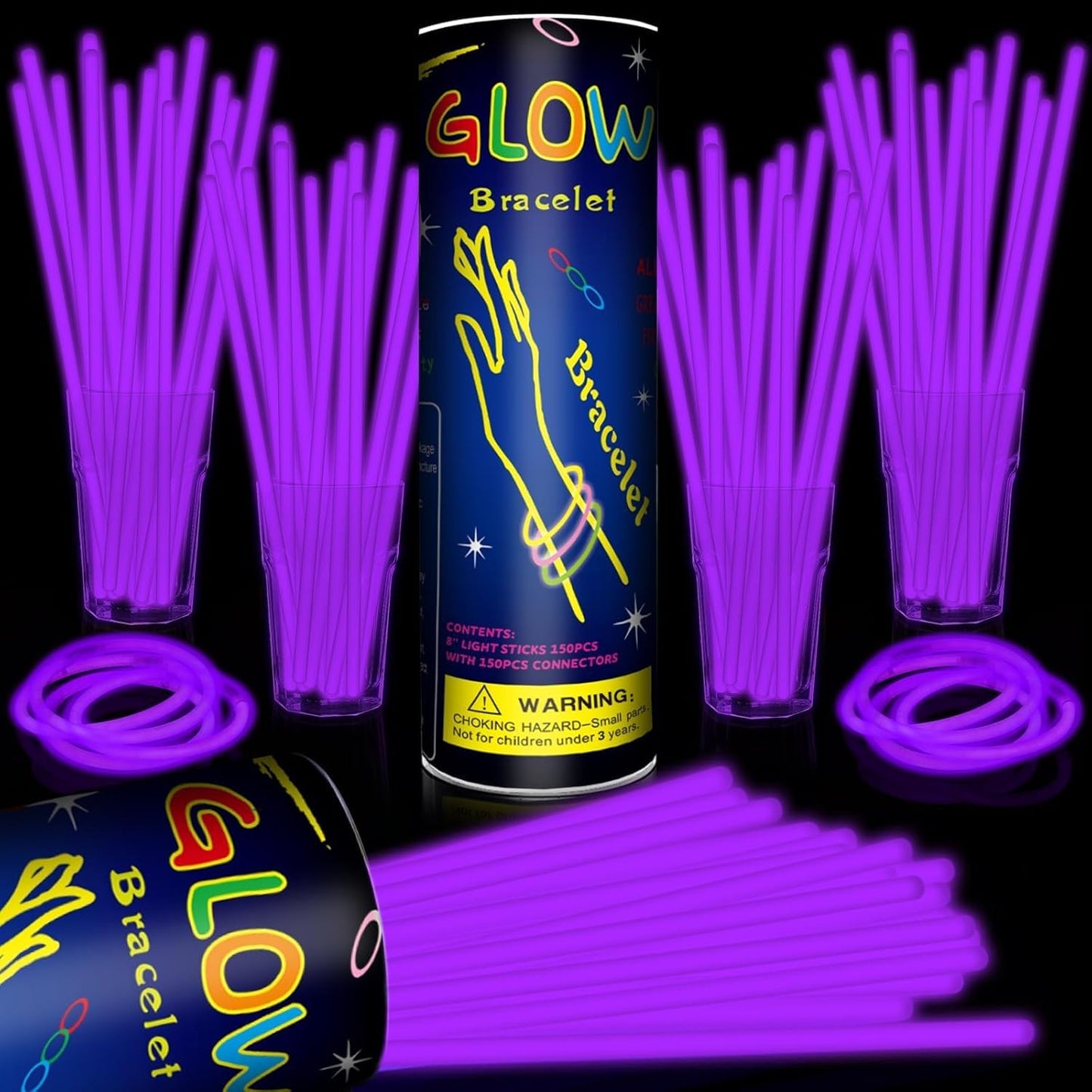 200 Pack 8'' Glow Sticks Bulk Party Favors Purple Light Up Sticks with Connectors Neon Glow in the Dark Party Supplies Bracelets for Holiday Birthday Party Decoration(Purple)