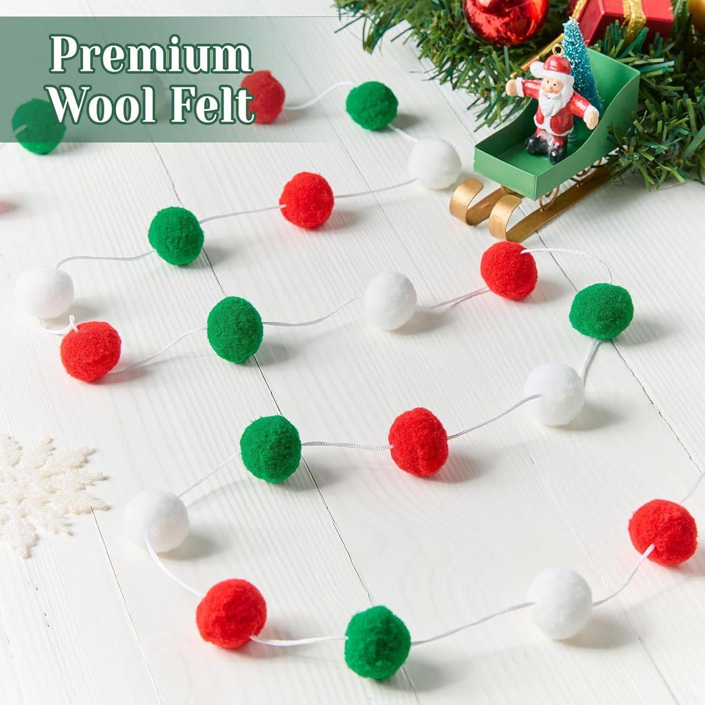 3 Pack Pom Pom Garland Colorful Felt Ball Garland Decorations, 6.5 Feet Long with 30 Balls Banner Hanging Supplies for Christmas, Parties (Red, Green & White)