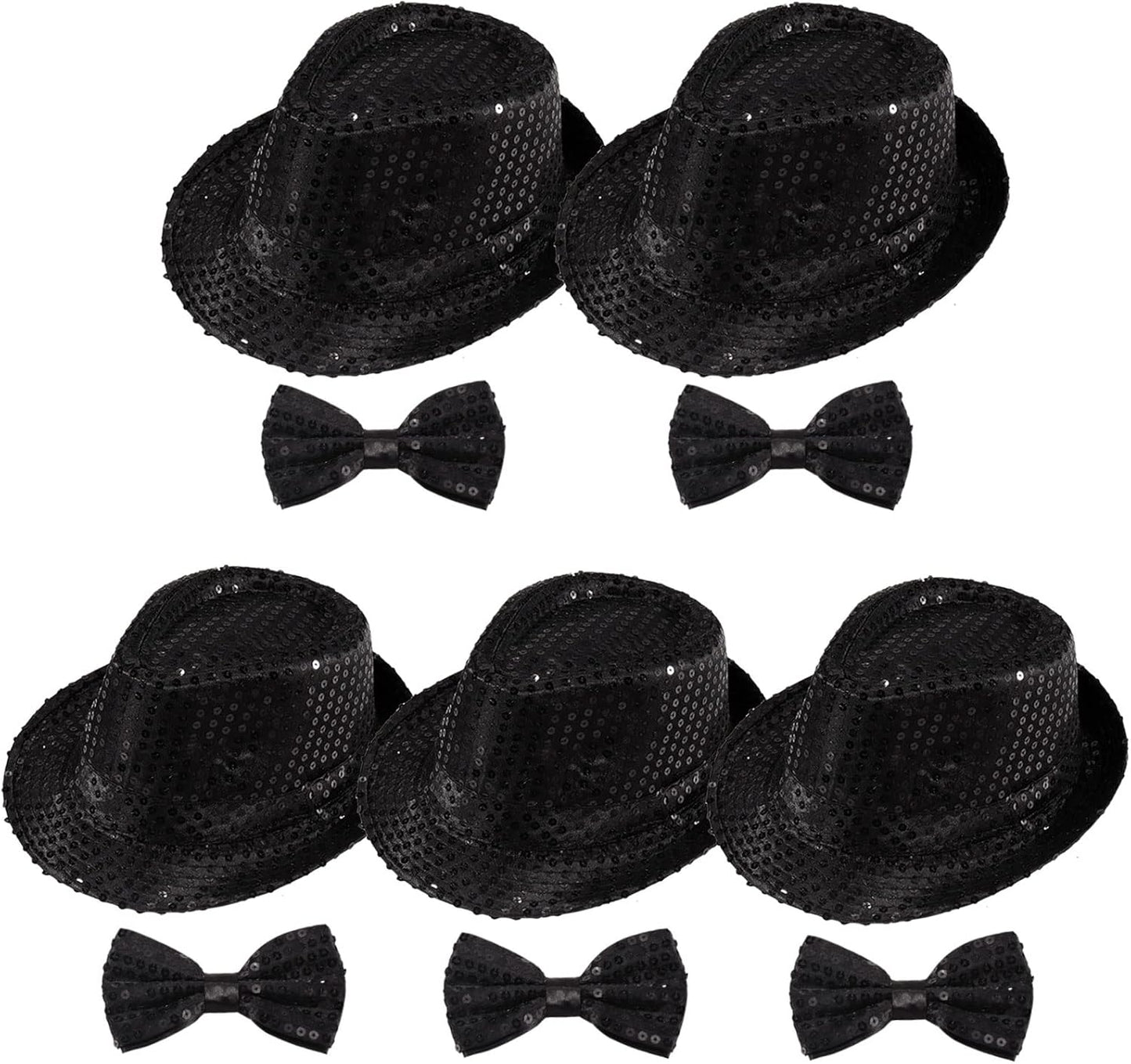 10 Pcs Unisex Sequin Fedora Hat Sequin Bow Ties Set Bling Retro Dance Jazz Cap Funky Party Costume Fedora