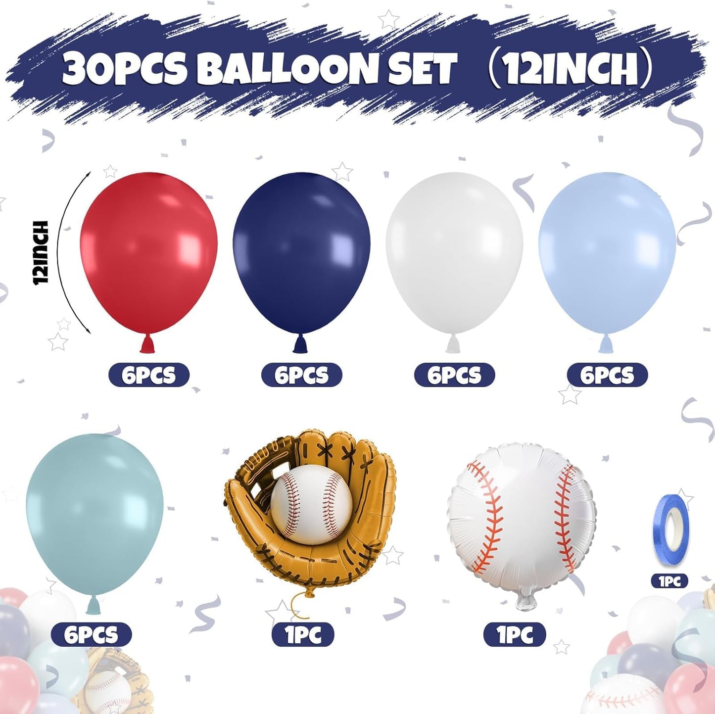 Baseball Balloons, 12 Inch Navy Blue Red White Light Dusty Blue Balloons with Baseball Gloves Ball Foil Balloon for Boys Baseball Themed Birthday Baby Shower Sport Theme Party Decorations