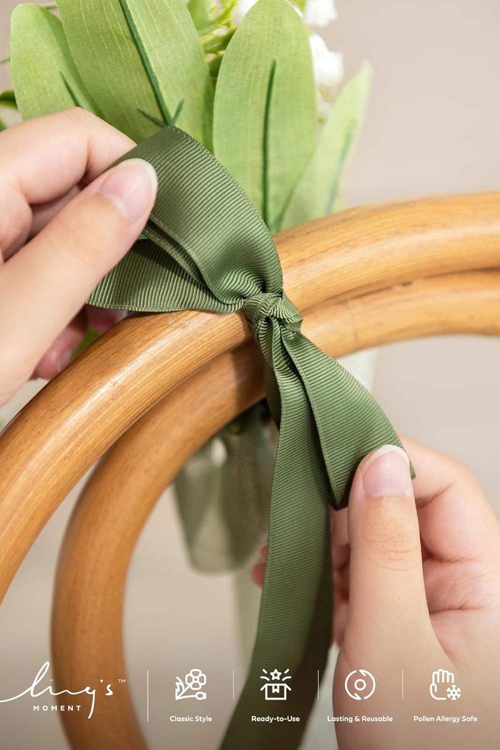 Ling's moment 8pcs Wedding Artificial Aisle Pew Flowers Chair Decorations White & Sage Green Arrangements with Chiffon Ribbons for Ceremony Chair Back Floral Reception Church Party Outdoor