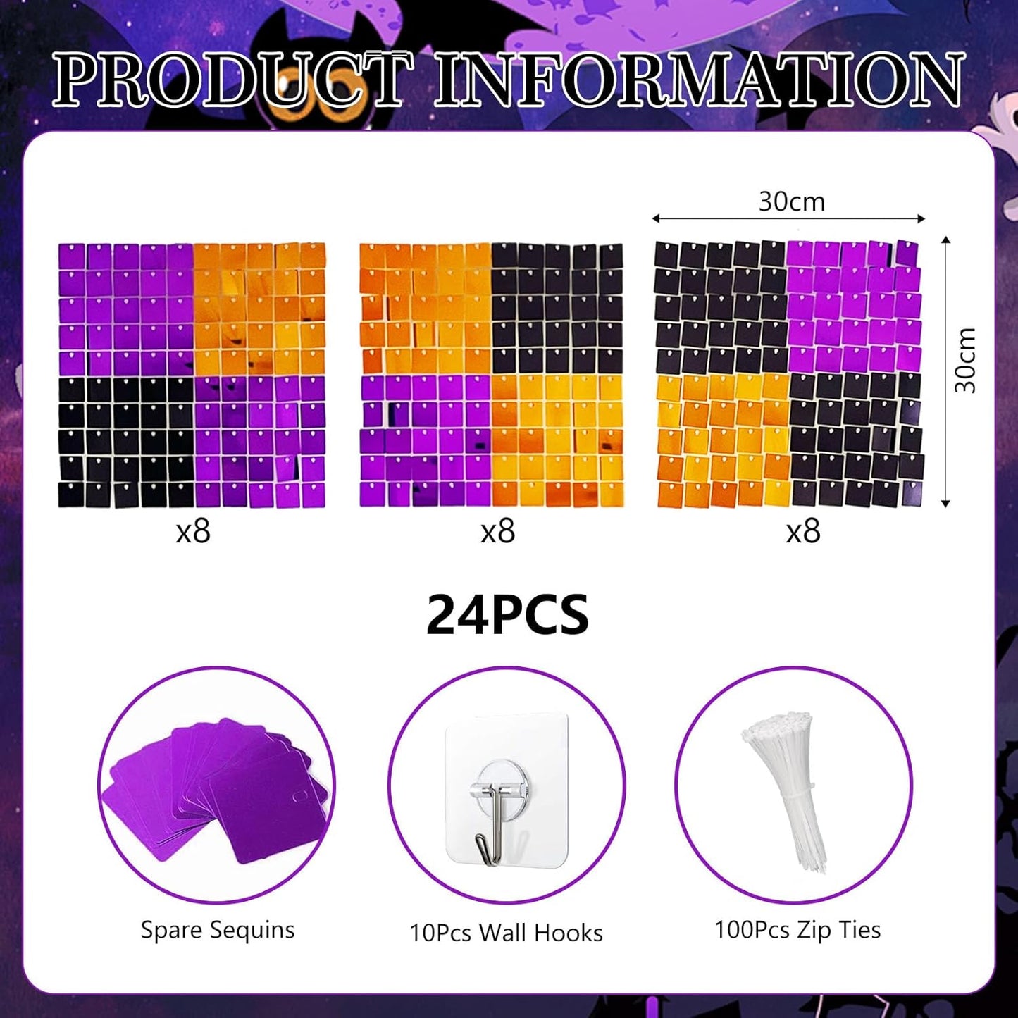 24PCS Black Orange Purple Shimmer Wall Backdrop, Halloween Square Sequin Photo Backdrops Panel, Glitter Wall Background for Birthdays, Weddings, Halloween Party Decor (4FTx6FT)
