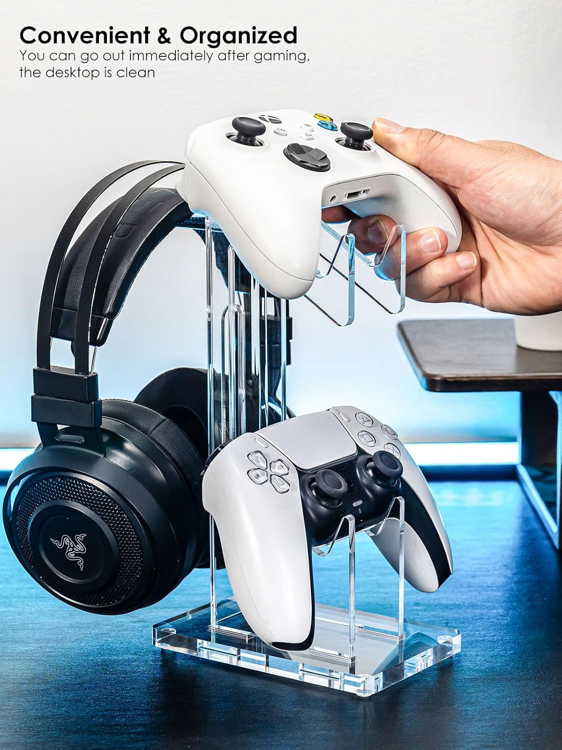 OAPRIRE Headset and Controller Stand, Space-Saving 2 Tier Game Controller Holder, Acrylic Controller and Headset Stand for Desktop, Universal Design Compatible with PS5/PS4/Xbox/Switch (Crystal Clear)
