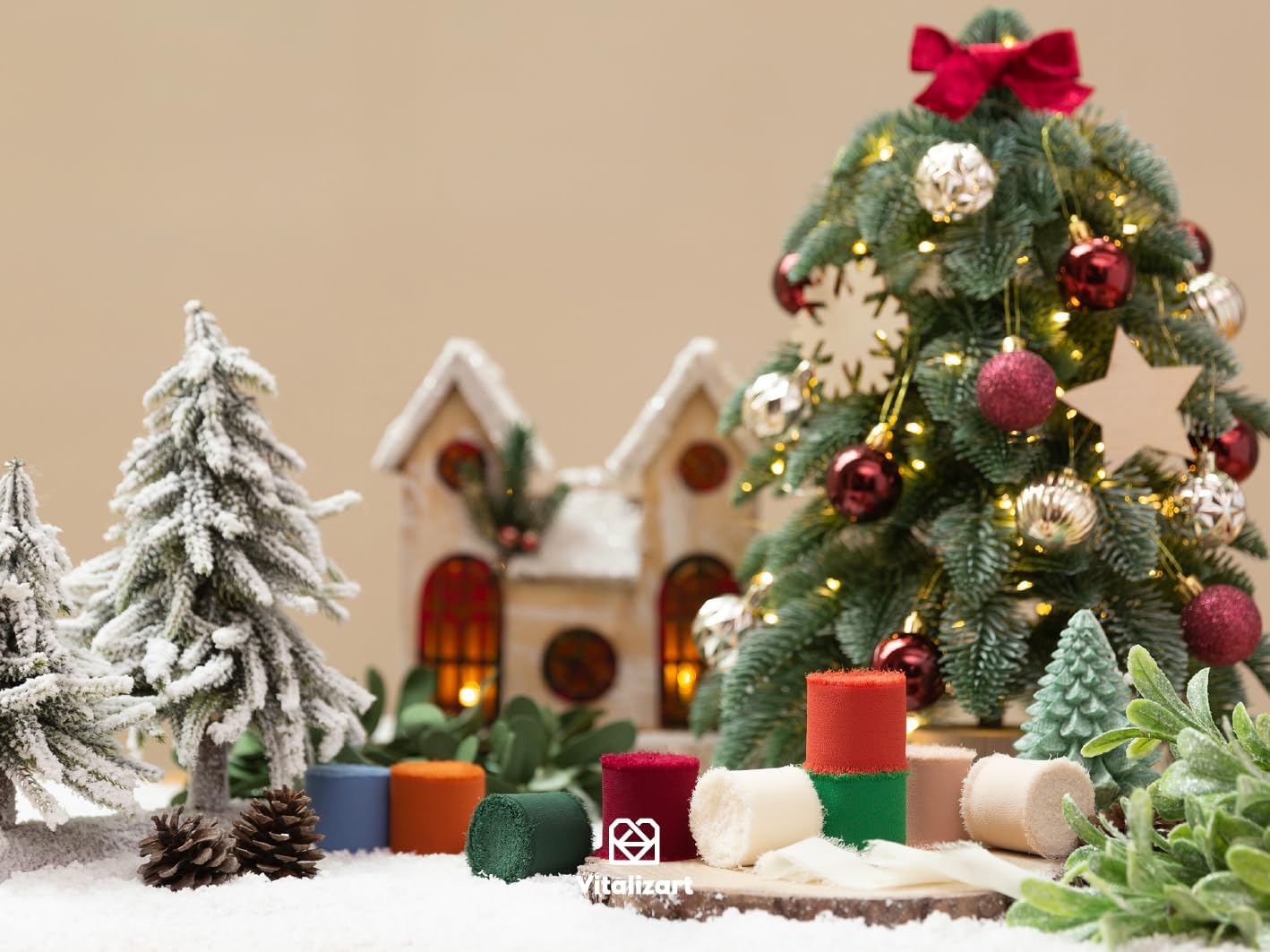 Vitalizart Christmas Handmade Chiffon Silk Ribbon Fringe 1.5" x 21 Yd Frayed Edges Ribbons for Wedding Invitations Bridal Bouquets Gifts Wrapping Crafts Holiday Decorations Red Green White