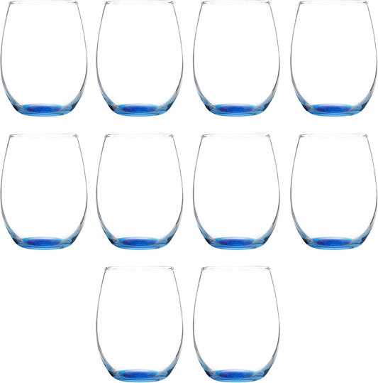 DISCOUNT PROMOS Stemless Wine Glass 9 oz. Set of 10, Bulk Pack - Great for Wedding Favors, Bachelorette Party and More - Blue Bottom Color