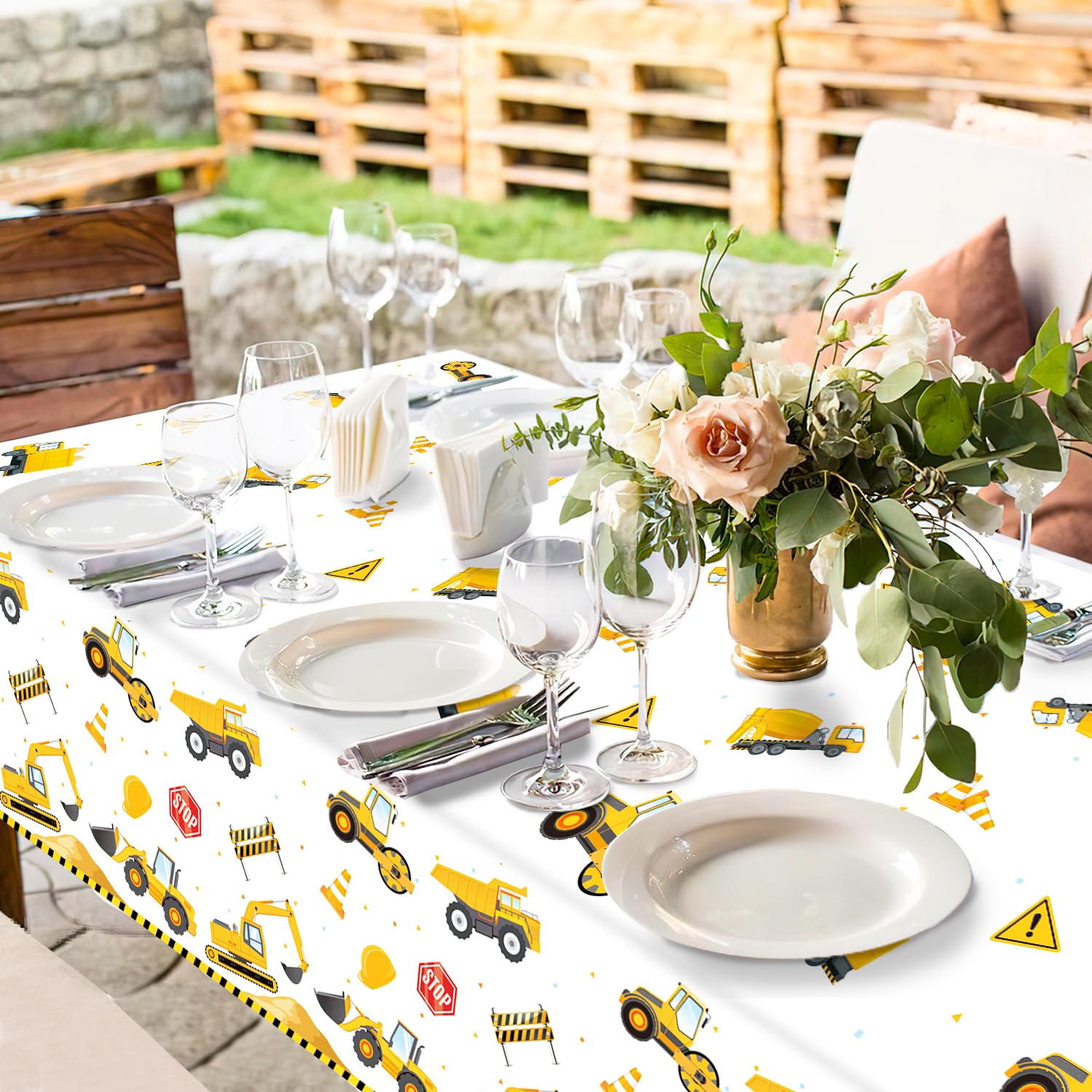 QIYANPAX 3 Pack Construction Plastic Birthday Party Tablecloths, 54 x 108 Inches - Truck Excavator